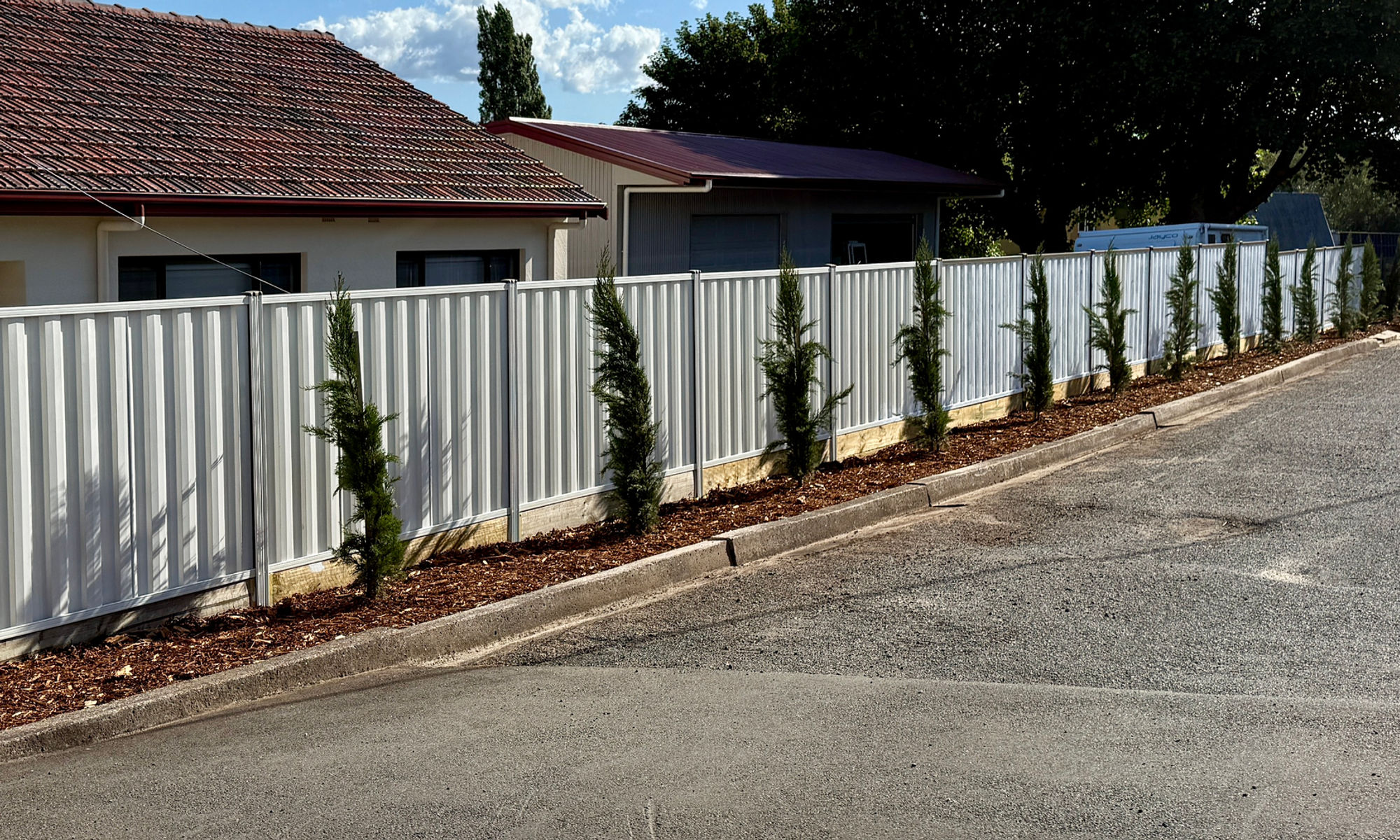 Front yard landscaping with white fence and new plantings in Newmarket